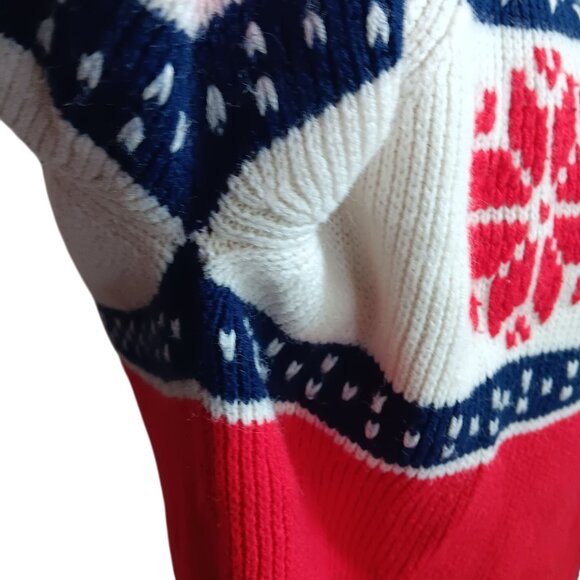 Men's Large Vintage Sweater 1970's Nordic Style Knit Snowflake Red White Blue - Picture 6 of 10
